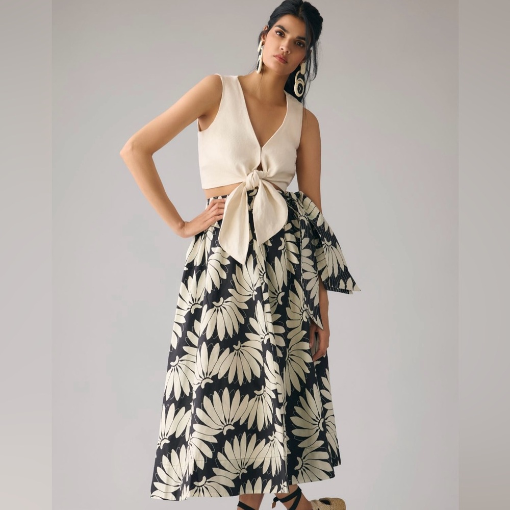 Farm Rio Copacabana Black Bow Midi Skirt.  SZ L NWT